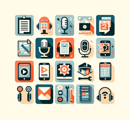 An array of flat design icons representing product management resources, including a lined document for Articles, a microphone for Podcasts, an envelope for Newsletters, a play button for Courses, a gear and wrench for Tools, a closed book for Books, and a pair of headphones for Blogs.